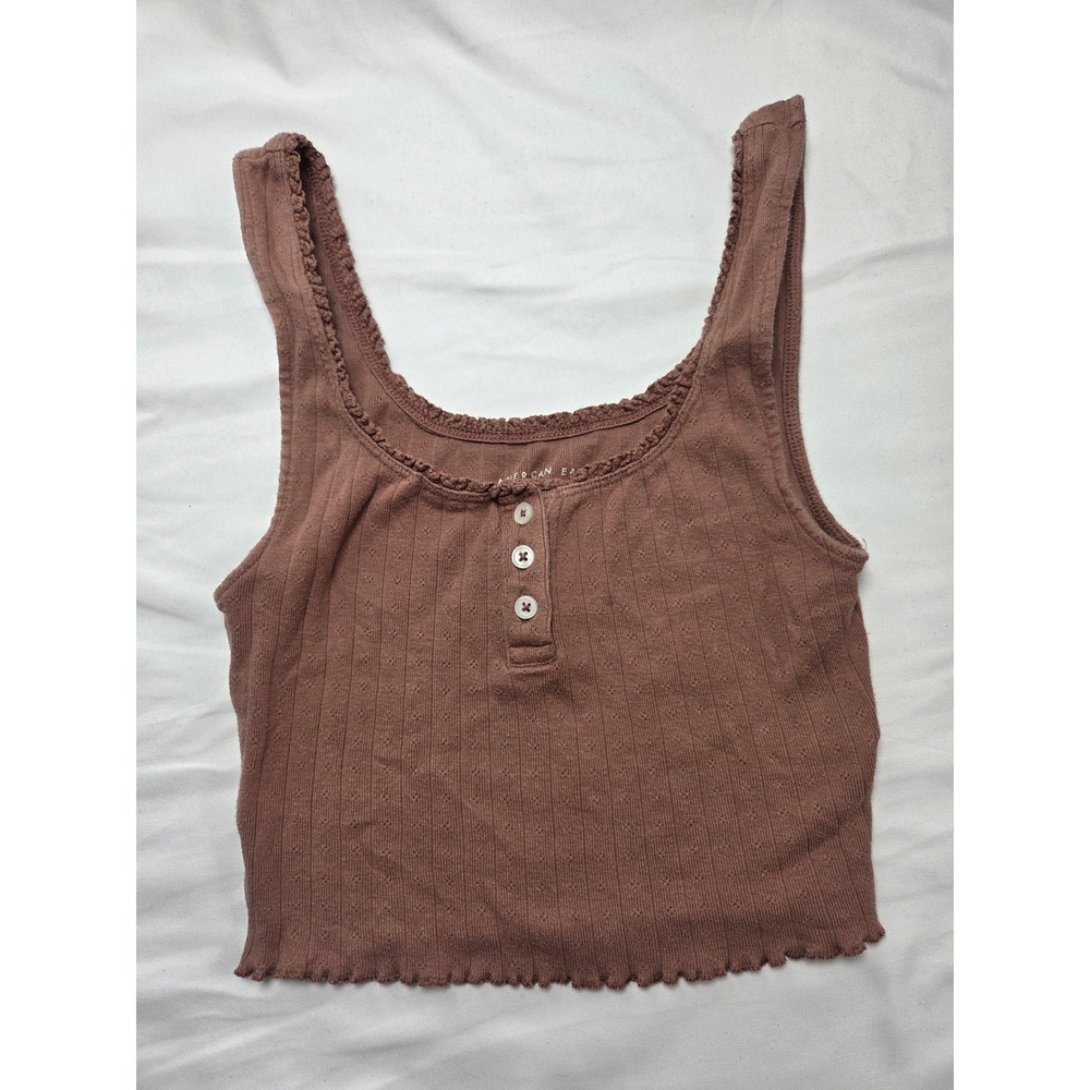 American Eagle Pointelle Henley Tank Top Mauve Brown Lace Trim Crop XS